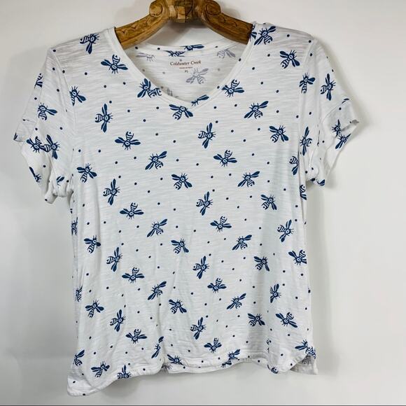White T Shirt Blue Honey Bees Sz Small Petite - Picture 1 of 3